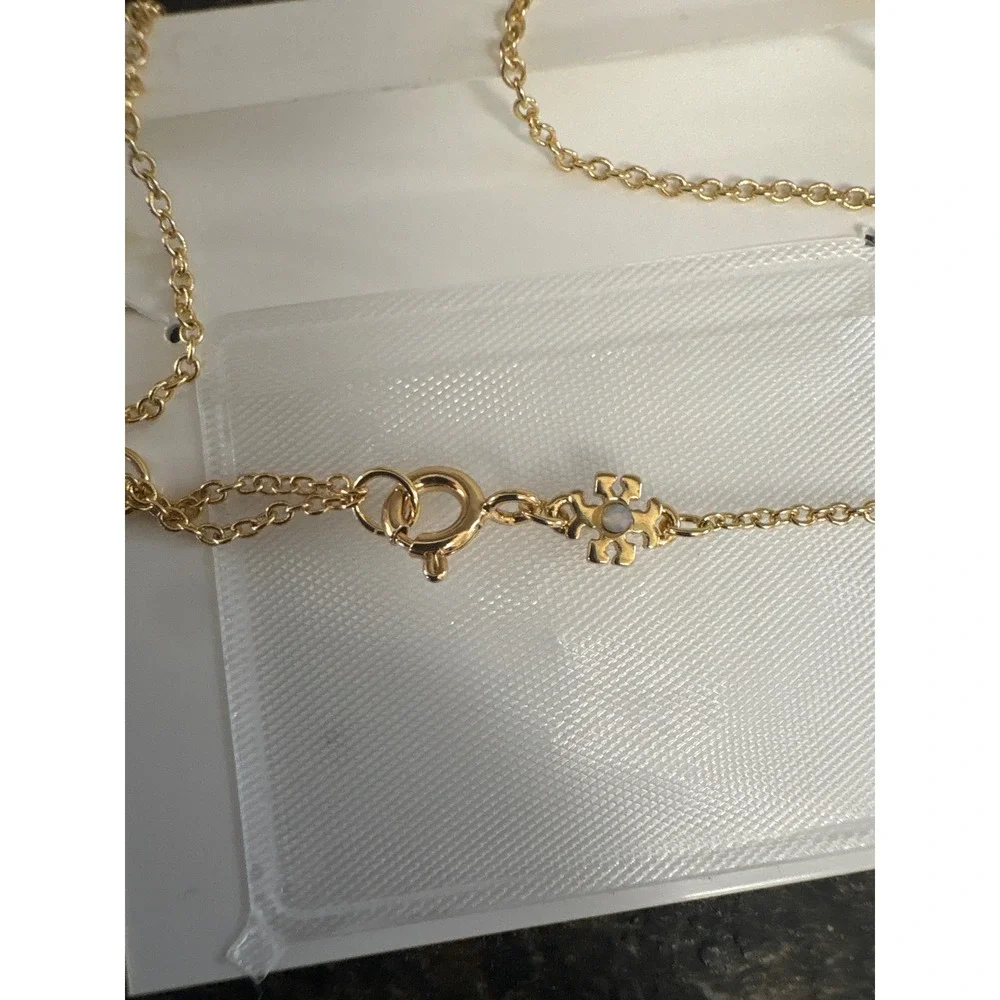 Tory Burch Kira Black Enamel Heart Pendant Necklace Gold Tone Double T Logo 16in